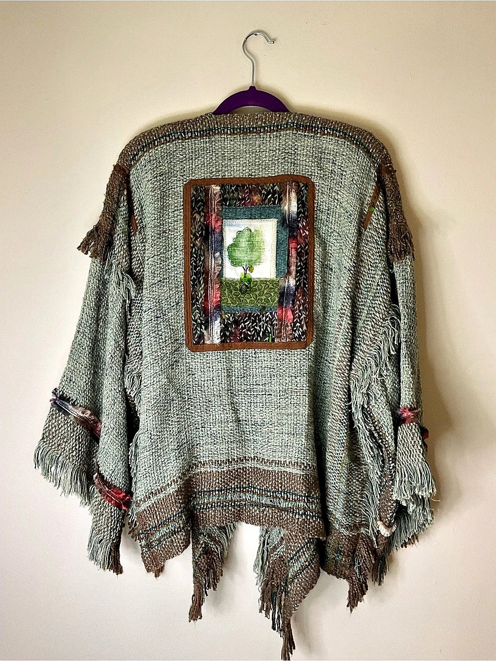 Hand made Women's Fringed Woven Poncho in Green & Brown